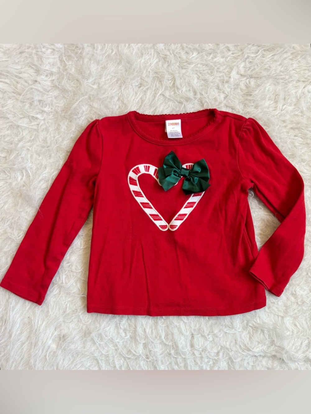 Gymboree Girls Festive Red Long Sleeve Holiday Candy Cane Heart Top